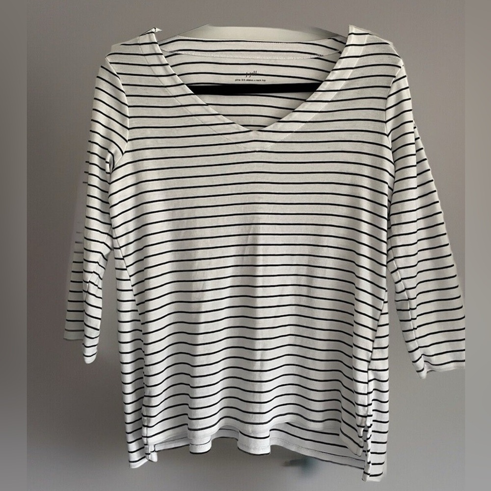 J. Jill Black & White Striped V Neck 3/4 Sleeve Top Size Small Petite 100% Pima